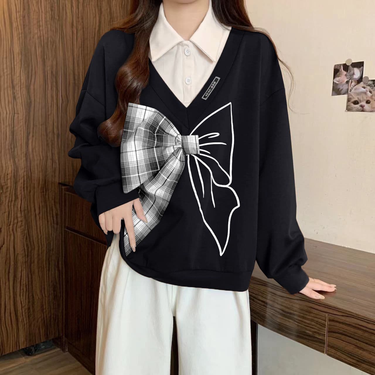 경관 그림 300 그램 남자 바 면 폴리에스터 2026 가을 얇은 스타일 패치워크 페이크 레이어드 나비 매듭 맨위 후드티 여성 상세 이미지 6