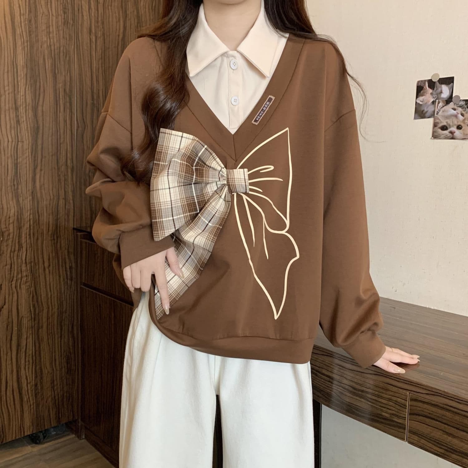 경관 그림 300 그램 남자 바 면 폴리에스터 2026 가을 얇은 스타일 패치워크 페이크 레이어드 나비 매듭 맨위 후드티 여성 상세 이미지 8