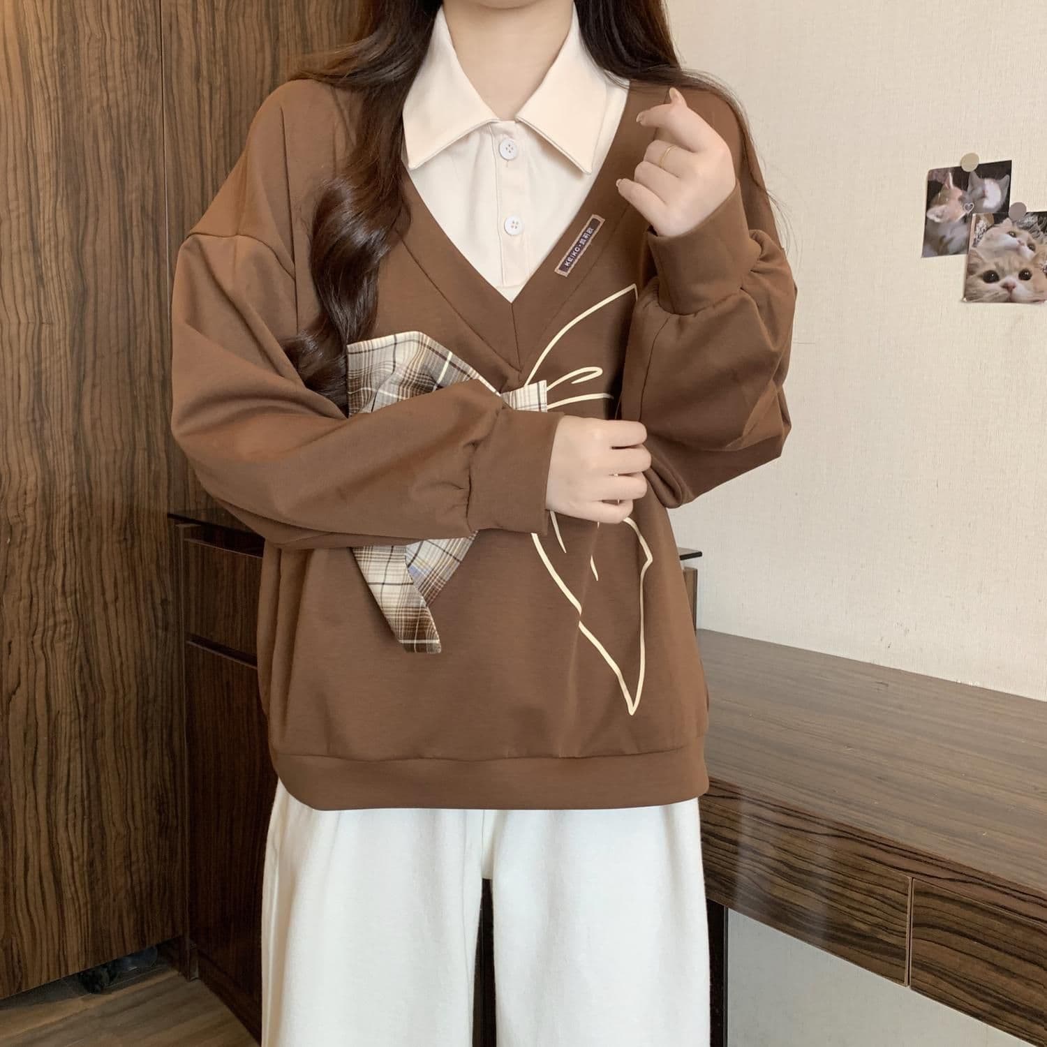 경관 그림 300 그램 남자 바 면 폴리에스터 2026 가을 얇은 스타일 패치워크 페이크 레이어드 나비 매듭 맨위 후드티 여성 상세 이미지 10