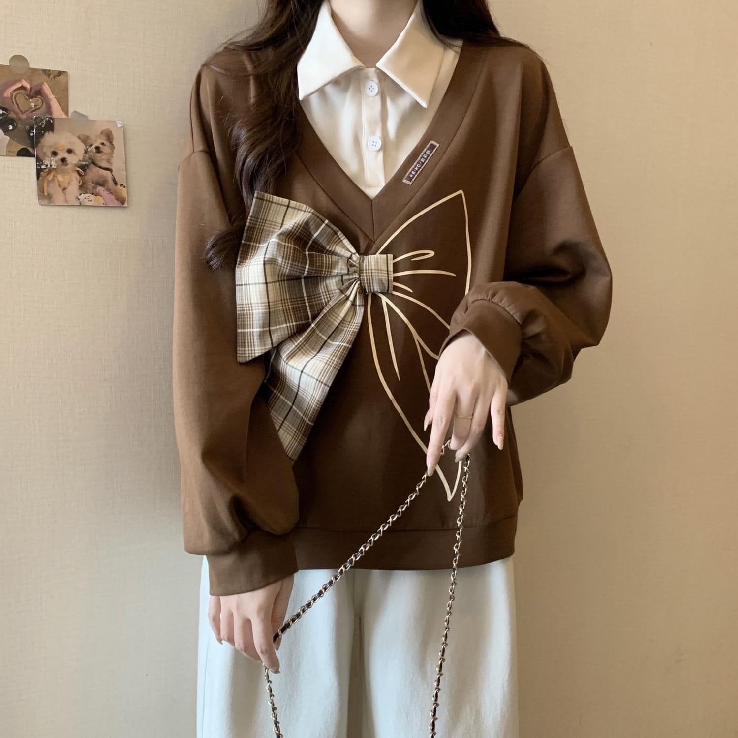 경관 그림 300 그램 남자 바 면 폴리에스터 2026 가을 얇은 스타일 패치워크 페이크 레이어드 나비 매듭 맨위 후드티 여성 상세 이미지 11