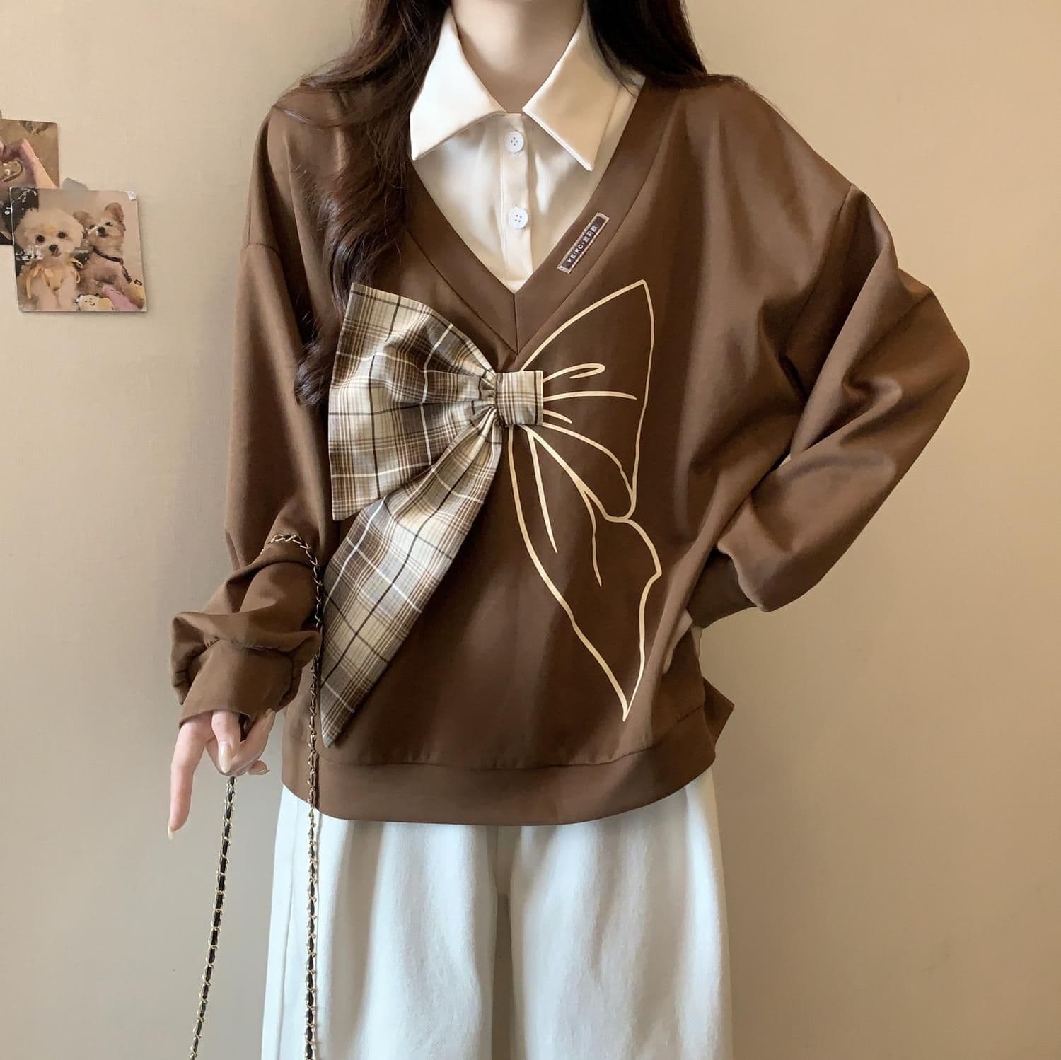 경관 그림 300 그램 남자 바 면 폴리에스터 2026 가을 얇은 스타일 패치워크 페이크 레이어드 나비 매듭 맨위 후드티 여성 상세 이미지 12
