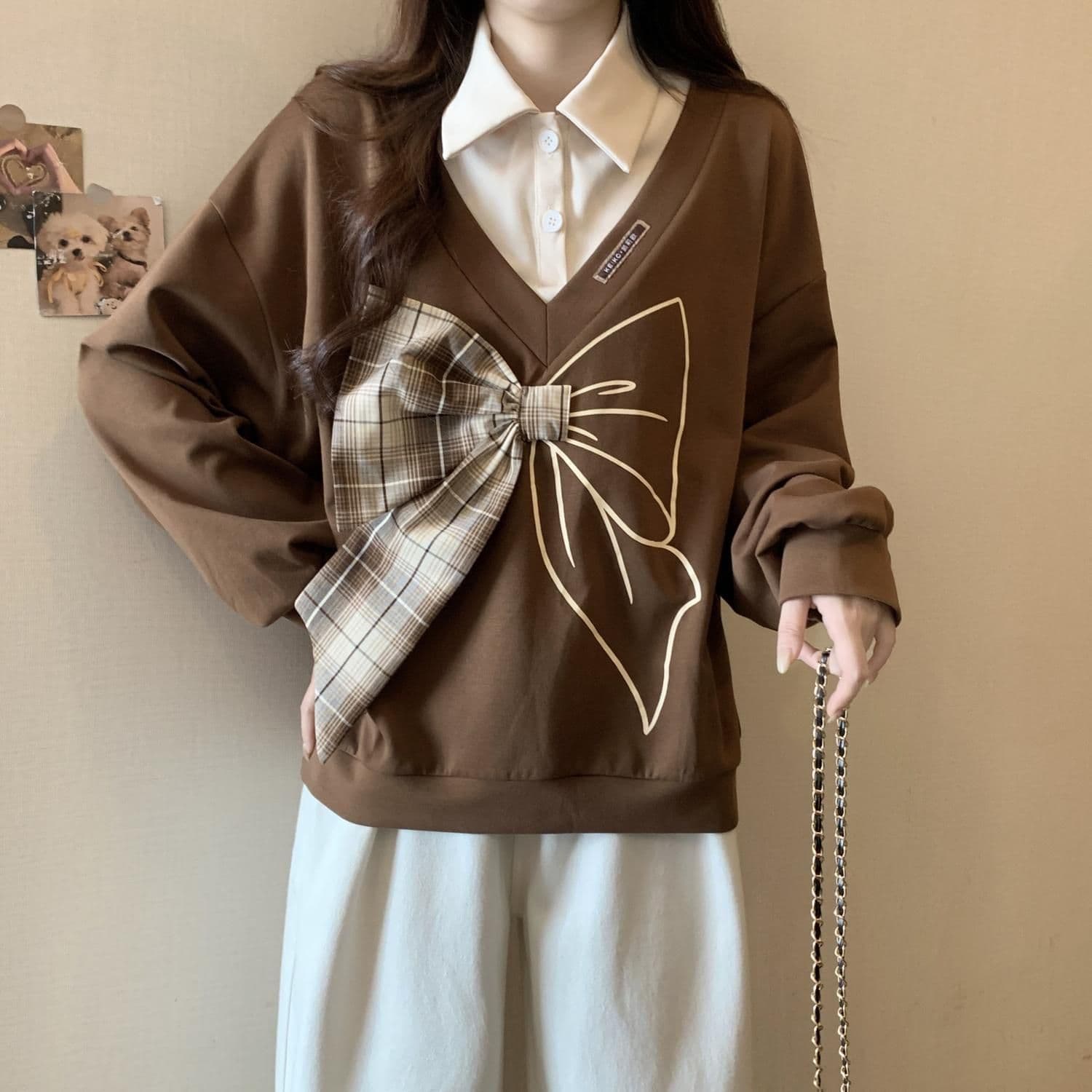 경관 그림 300 그램 남자 바 면 폴리에스터 2026 가을 얇은 스타일 패치워크 페이크 레이어드 나비 매듭 맨위 후드티 여성 상세 이미지 13