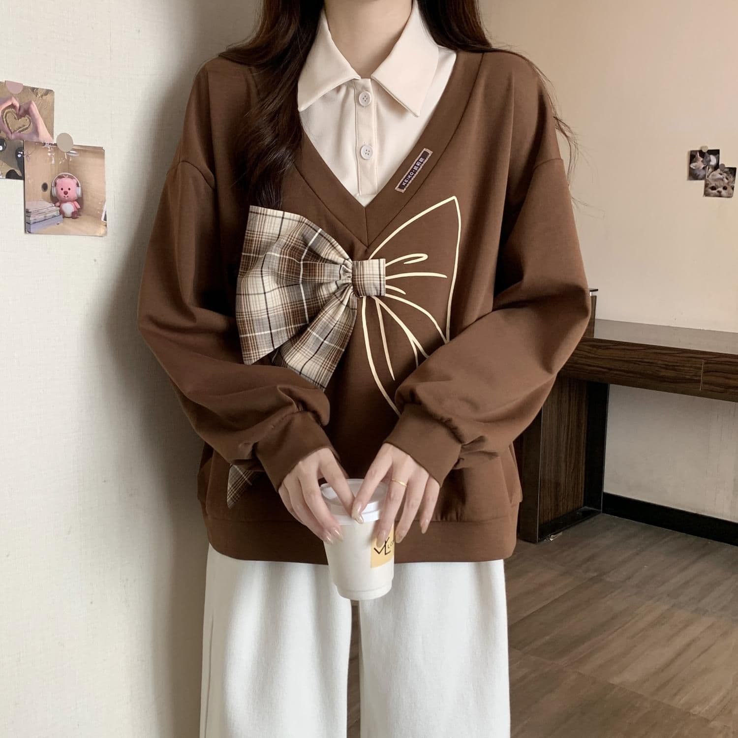 경관 그림 300 그램 남자 바 면 폴리에스터 2026 가을 얇은 스타일 패치워크 페이크 레이어드 나비 매듭 맨위 후드티 여성 상세 이미지 14