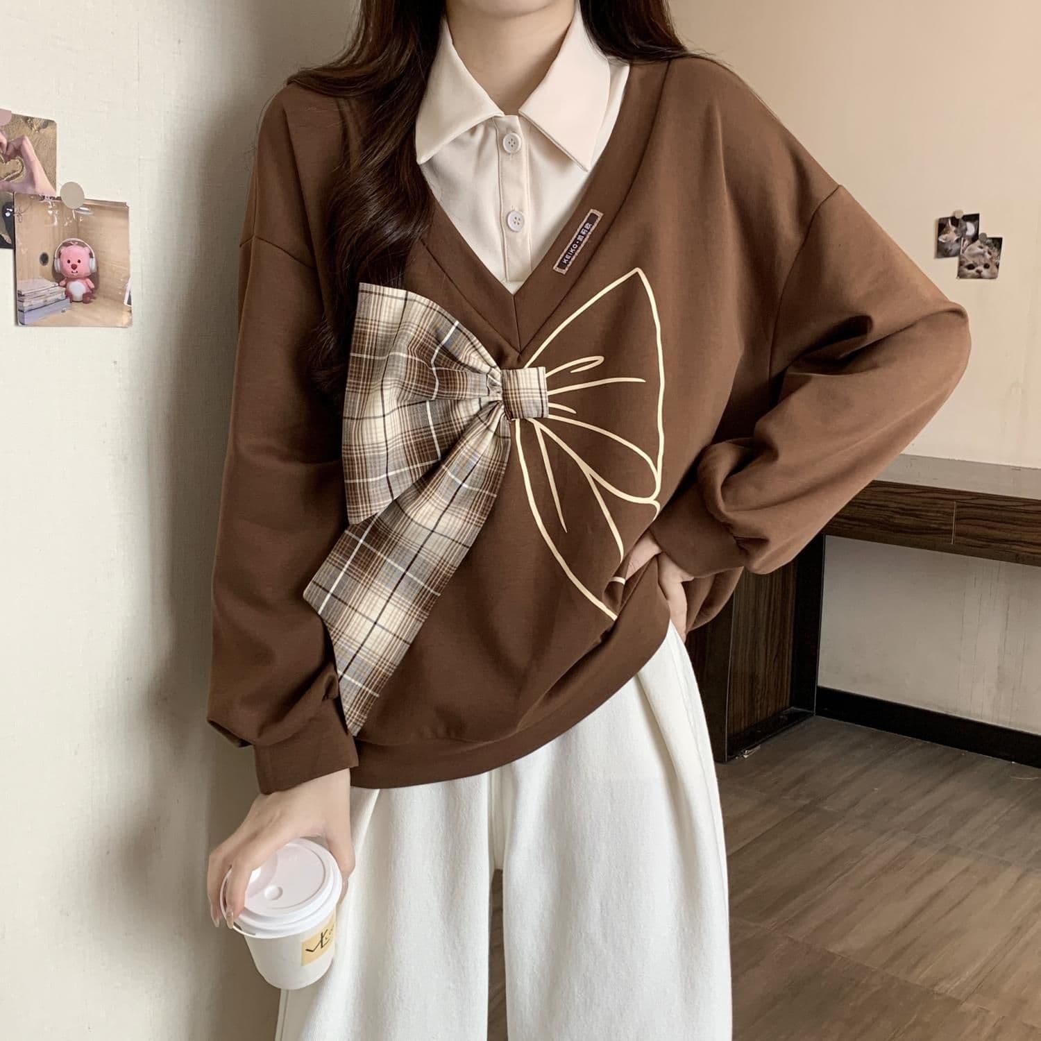 경관 그림 300 그램 남자 바 면 폴리에스터 2026 가을 얇은 스타일 패치워크 페이크 레이어드 나비 매듭 맨위 후드티 여성 상세 이미지 15