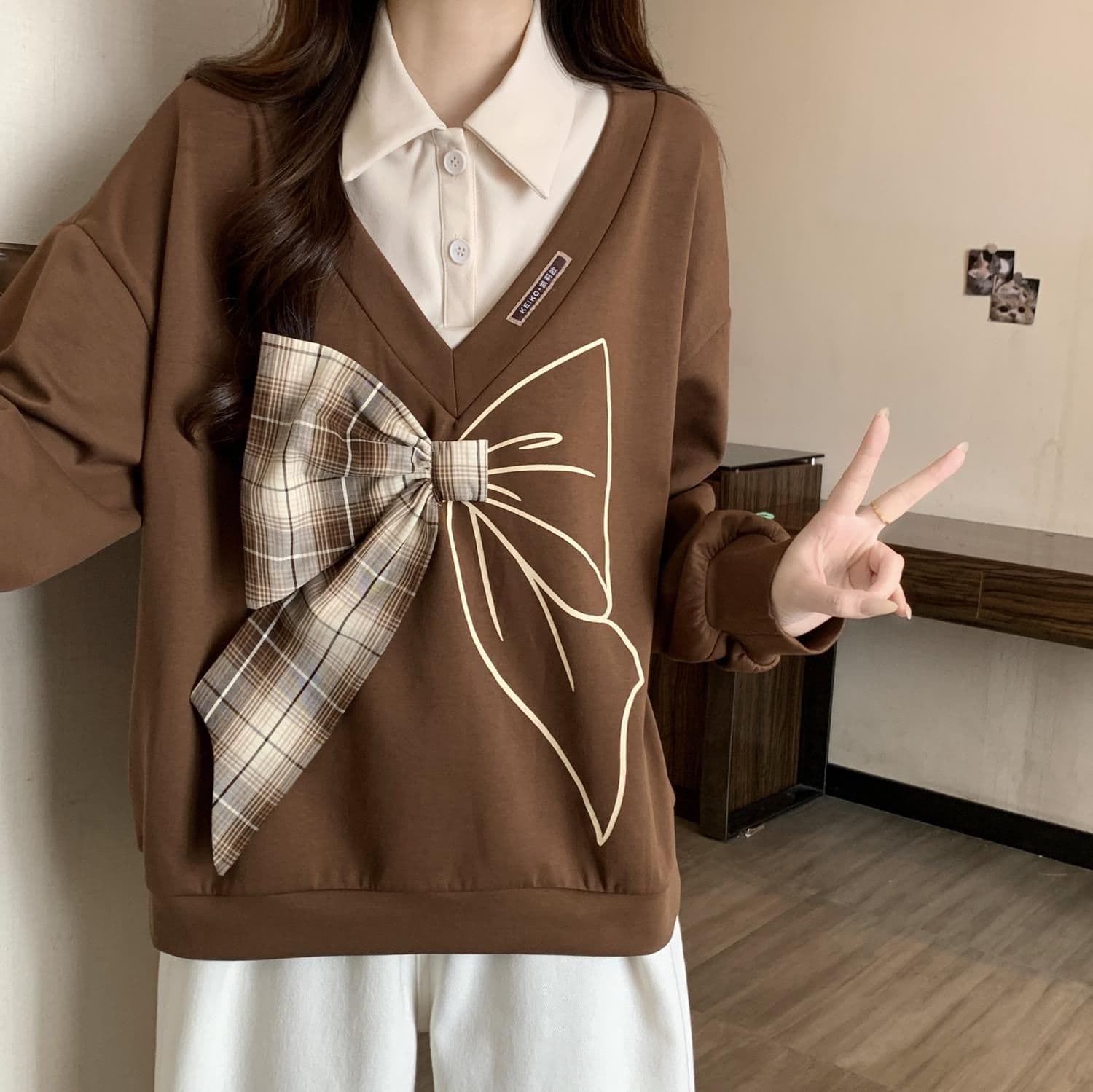 경관 그림 300 그램 남자 바 면 폴리에스터 2026 가을 얇은 스타일 패치워크 페이크 레이어드 나비 매듭 맨위 후드티 여성 상세 이미지 16