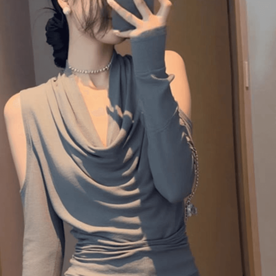 92 면 회색 슈퍼 잘 생긴 흔들다 칼라 긴팔 기본 셔츠 여성 인사이드 가져 가라. 디자인 센스 몸매 가꾸기 오프숄더 아름다운 맨위 이미지 5
