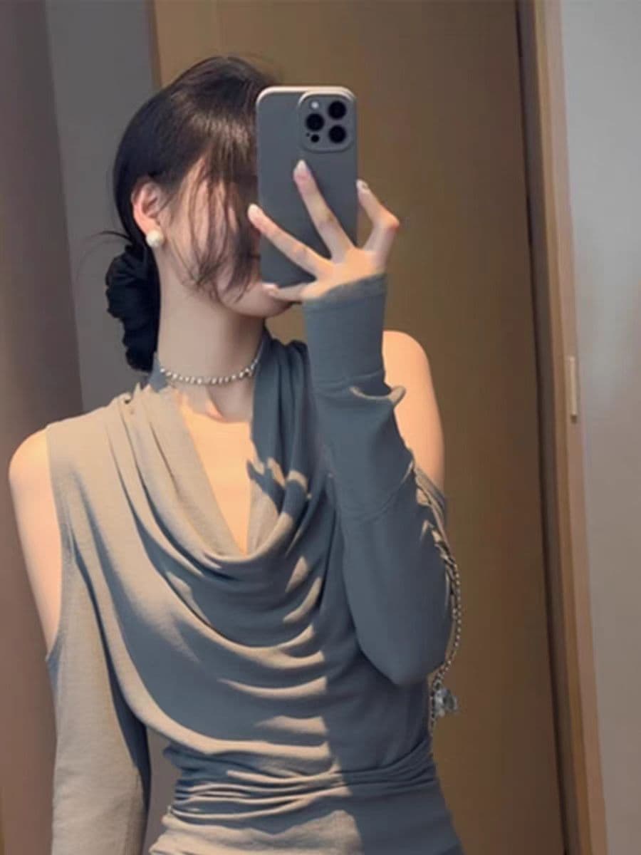 92 면 회색 슈퍼 잘 생긴 흔들다 칼라 긴팔 기본 셔츠 여성 인사이드 가져 가라. 디자인 센스 몸매 가꾸기 오프숄더 아름다운 맨위 상세 이미지 2