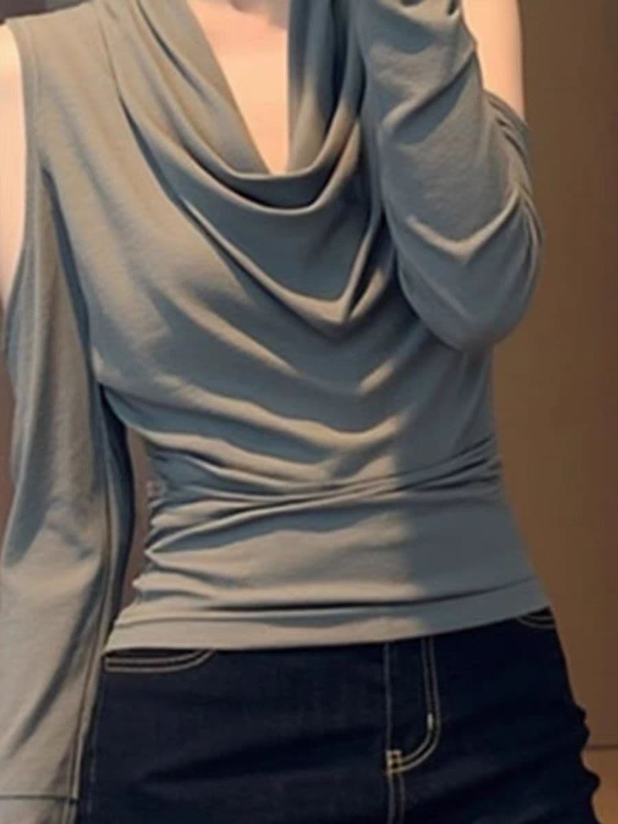 92 면 회색 슈퍼 잘 생긴 흔들다 칼라 긴팔 기본 셔츠 여성 인사이드 가져 가라. 디자인 센스 몸매 가꾸기 오프숄더 아름다운 맨위 상세 이미지 3
