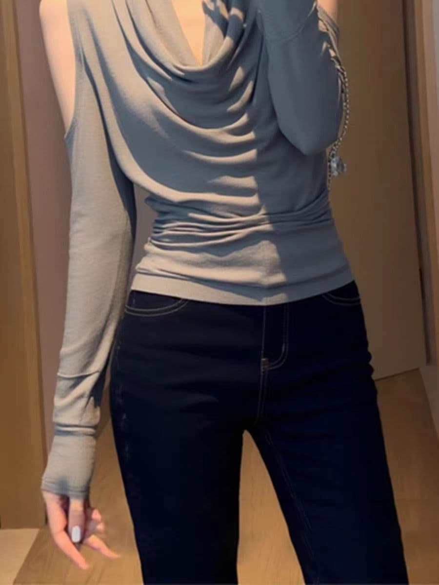 92 면 회색 슈퍼 잘 생긴 흔들다 칼라 긴팔 기본 셔츠 여성 인사이드 가져 가라. 디자인 센스 몸매 가꾸기 오프숄더 아름다운 맨위 상세 이미지 4