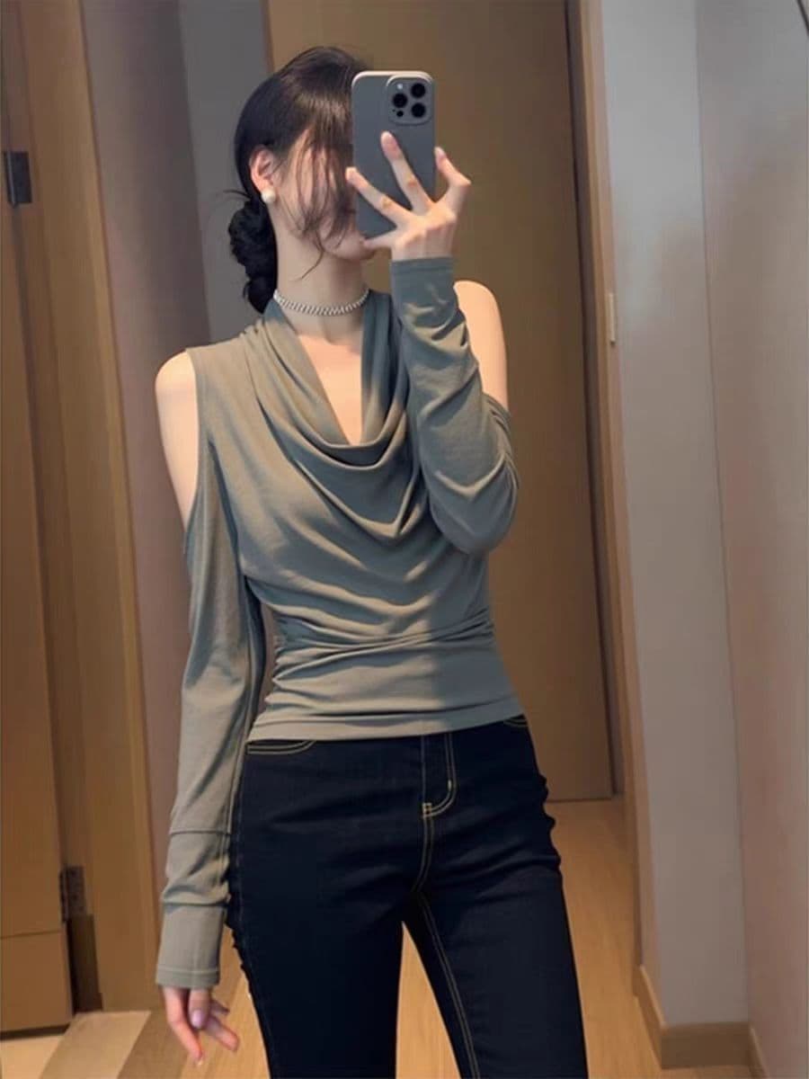 92 면 회색 슈퍼 잘 생긴 흔들다 칼라 긴팔 기본 셔츠 여성 인사이드 가져 가라. 디자인 센스 몸매 가꾸기 오프숄더 아름다운 맨위 상세 이미지 5