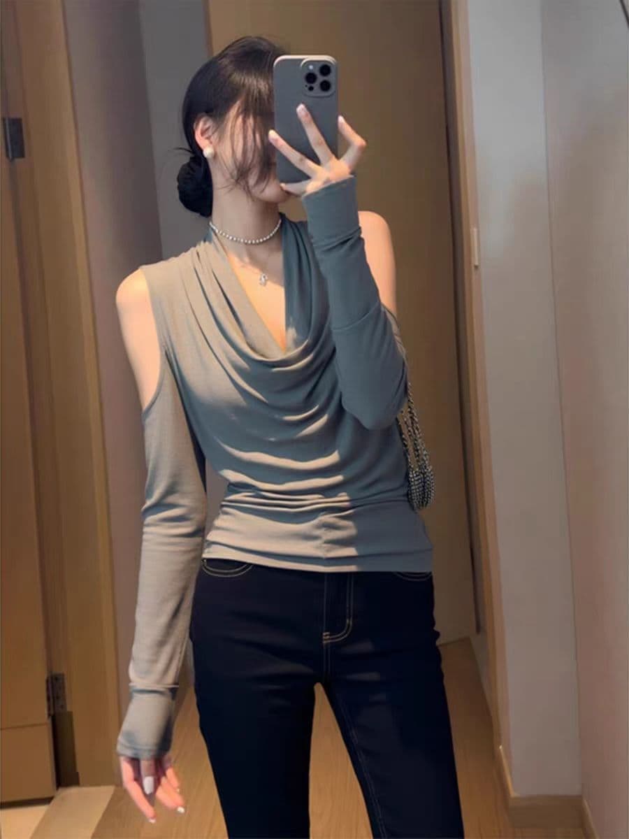 92 면 회색 슈퍼 잘 생긴 흔들다 칼라 긴팔 기본 셔츠 여성 인사이드 가져 가라. 디자인 센스 몸매 가꾸기 오프숄더 아름다운 맨위 상세 이미지 6