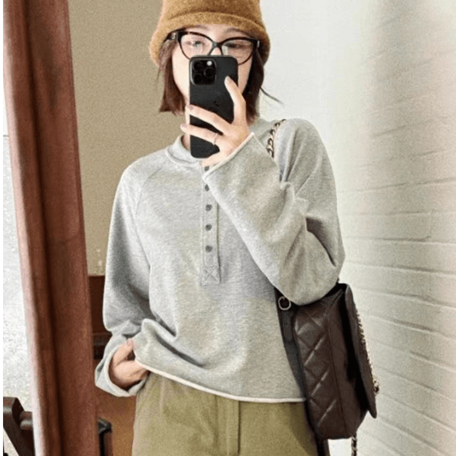 가을 56 면 새로운 한 부서 착용 가져 가라. 느긋한 바람 맨위 회색 볼륨 측면 하프 단추 디자인 센스 긴팔 티셔츠 여성