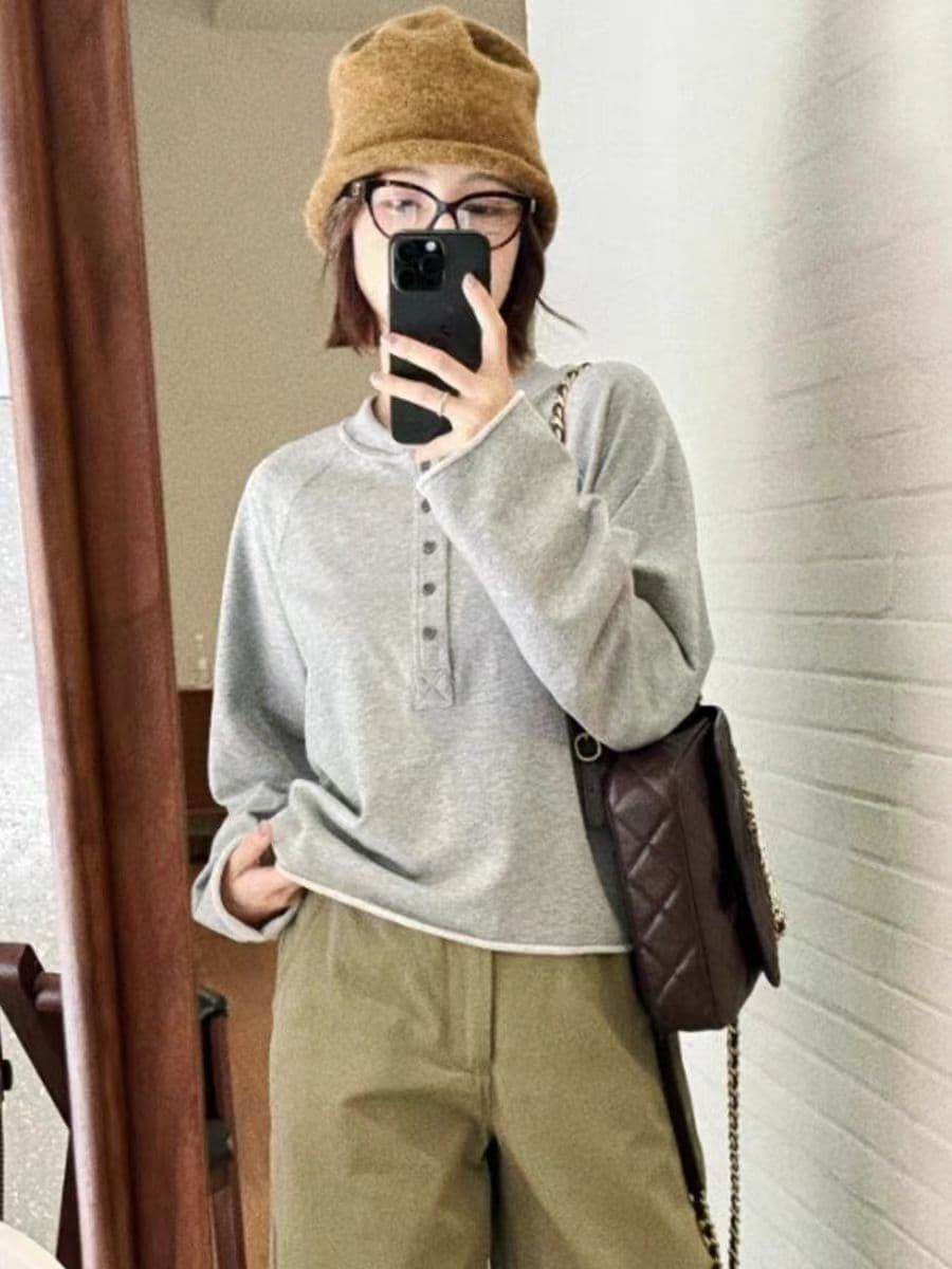 가을 56 면 새로운 한 부서 착용 가져 가라. 느긋한 바람 맨위 회색 볼륨 측면 하프 단추 디자인 센스 긴팔 티셔츠 여성 상세 이미지 6