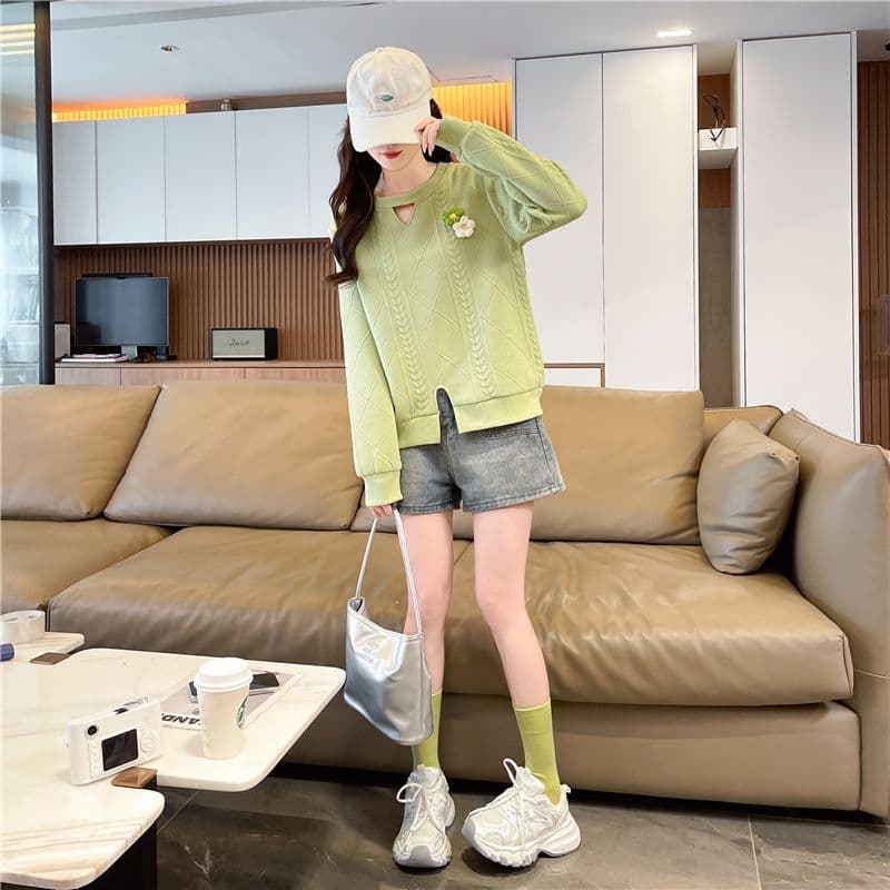 실사 2026 봄 가을 한국 스타일 루즈핏 봄과 가을 리브 3 차원 꽃 패치워크 홀로우 아웃 작은 디자인 자카드 후드티 여성 상세 이미지 5