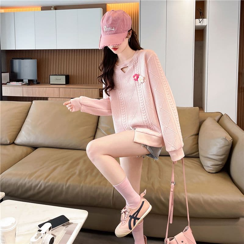 실사 2026 봄 가을 한국 스타일 루즈핏 봄과 가을 리브 3 차원 꽃 패치워크 홀로우 아웃 작은 디자인 자카드 후드티 여성 상세 이미지 22