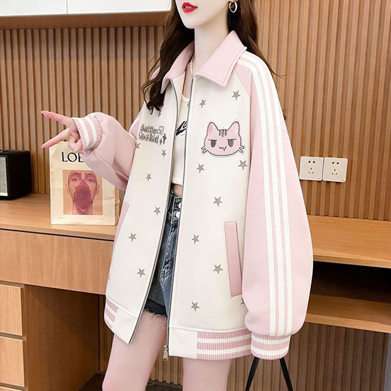 실사 모방 후아 면 복잡한 우유 실크 2026 봄 가을 새끼 고양이 자수 별 폴로 칼라 야구 유니폼 루즈핏 재킷 맨위