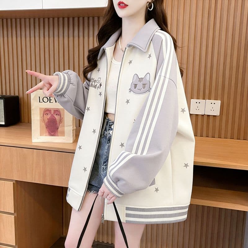 실사 모방 후아 면 복잡한 우유 실크 2026 봄 가을 새끼 고양이 자수 별 폴로 칼라 야구 유니폼 루즈핏 재킷 맨위 이미지 2