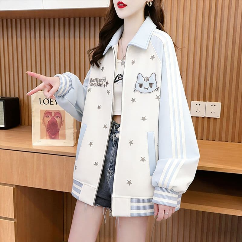 실사 모방 후아 면 복잡한 우유 실크 2026 봄 가을 새끼 고양이 자수 별 폴로 칼라 야구 유니폼 루즈핏 재킷 맨위 이미지 3