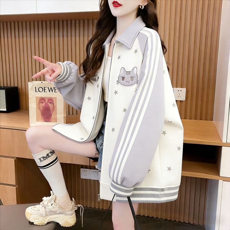 실사 모방 후아 면 복잡한 우유 실크 2026 봄 가을 새끼 고양이 자수 별 폴로 칼라 야구 유니폼 루즈핏 재킷 맨위 상세 이미지 5