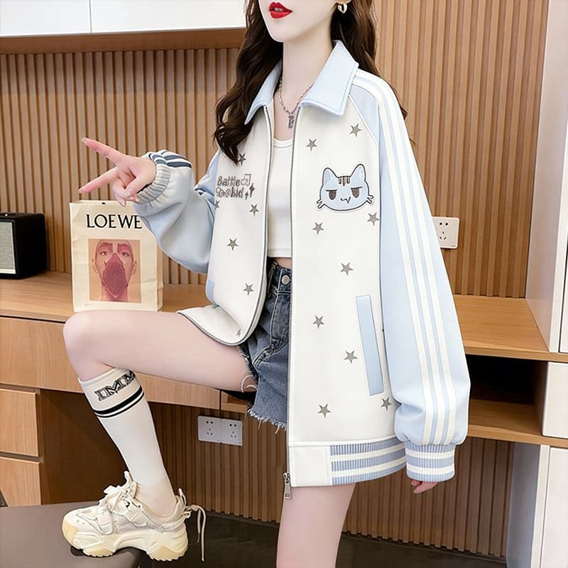 실사 모방 후아 면 복잡한 우유 실크 2026 봄 가을 새끼 고양이 자수 별 폴로 칼라 야구 유니폼 루즈핏 재킷 맨위 상세 이미지 9