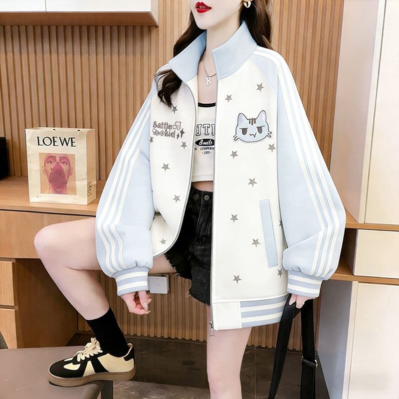 실사 모방 후아 면 복잡한 우유 실크 2026 봄 가을 새끼 고양이 자수 별 폴로 칼라 야구 유니폼 루즈핏 재킷 맨위 상세 이미지 13