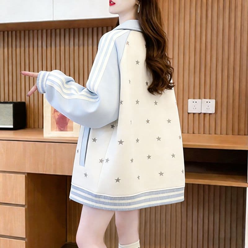 실사 모방 후아 면 복잡한 우유 실크 2026 봄 가을 새끼 고양이 자수 별 폴로 칼라 야구 유니폼 루즈핏 재킷 맨위 상세 이미지 15