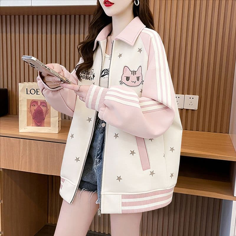 실사 모방 후아 면 복잡한 우유 실크 2026 봄 가을 새끼 고양이 자수 별 폴로 칼라 야구 유니폼 루즈핏 재킷 맨위 상세 이미지 16