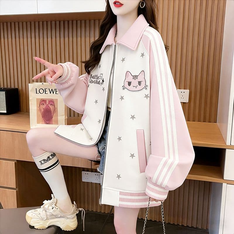 실사 모방 후아 면 복잡한 우유 실크 2026 봄 가을 새끼 고양이 자수 별 폴로 칼라 야구 유니폼 루즈핏 재킷 맨위 상세 이미지 20
