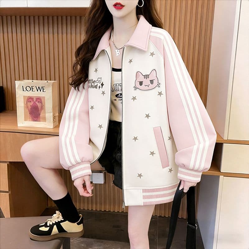 실사 모방 후아 면 복잡한 우유 실크 2026 봄 가을 새끼 고양이 자수 별 폴로 칼라 야구 유니폼 루즈핏 재킷 맨위 상세 이미지 21