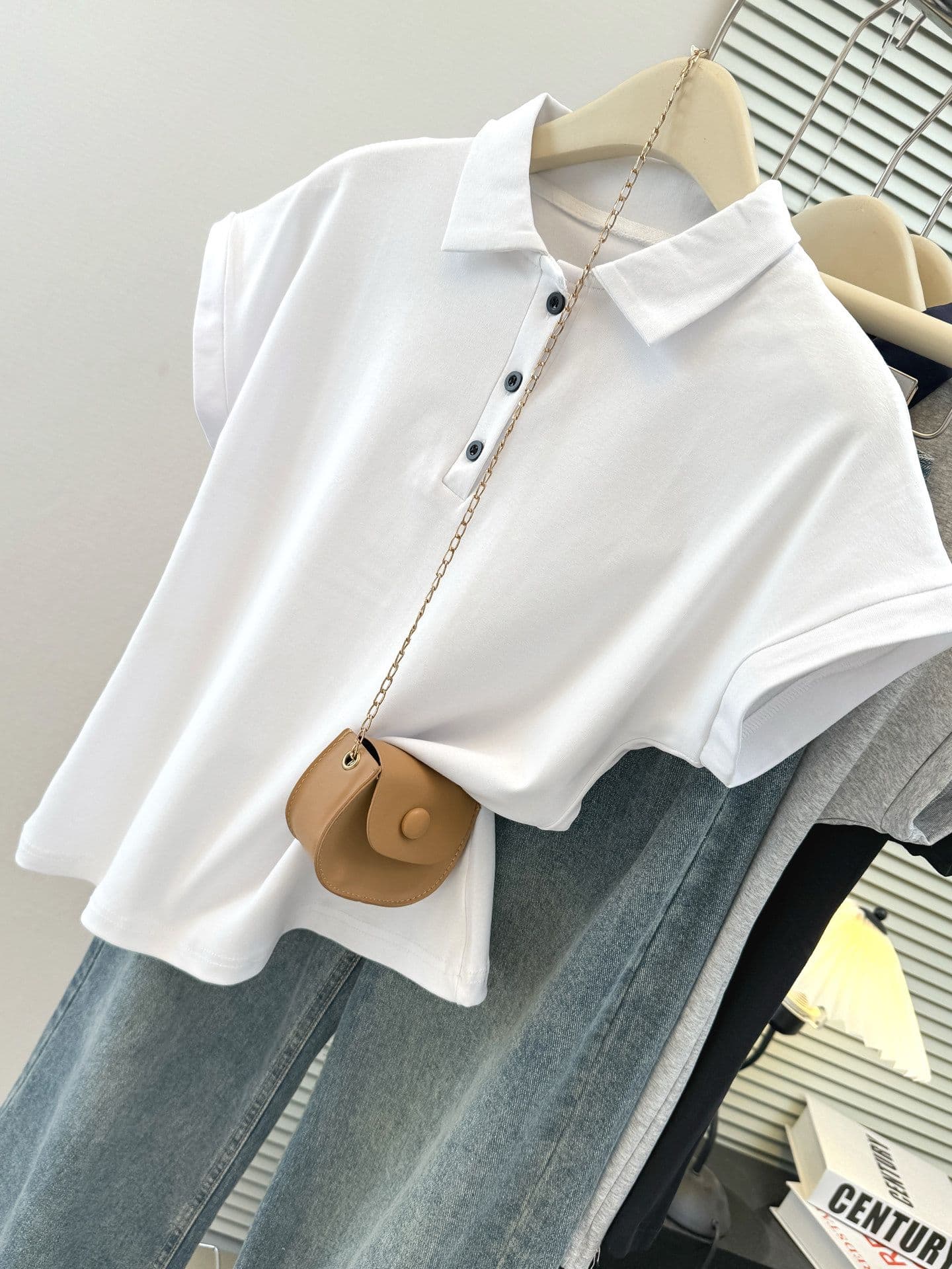 실사 순면 리브 배색 POLO 셔츠 폴로 칼라 반팔 티셔츠 여성 여름 몸매 가꾸기 슬림해 보이는 Feifei 소매 맨위 트렌디 상세 이미지 9