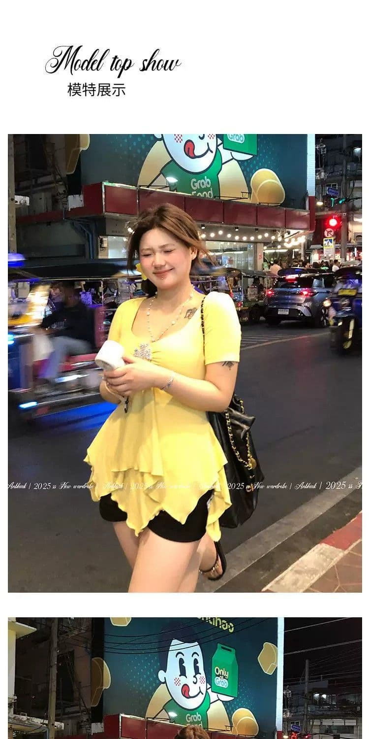 빅 사이즈 지방 mm 2026 여름 새로운 단색 불규칙 반팔 티셔츠 여성 고유 한 작은 대중 슬림해 보이는 맨위 상세 이미지 3