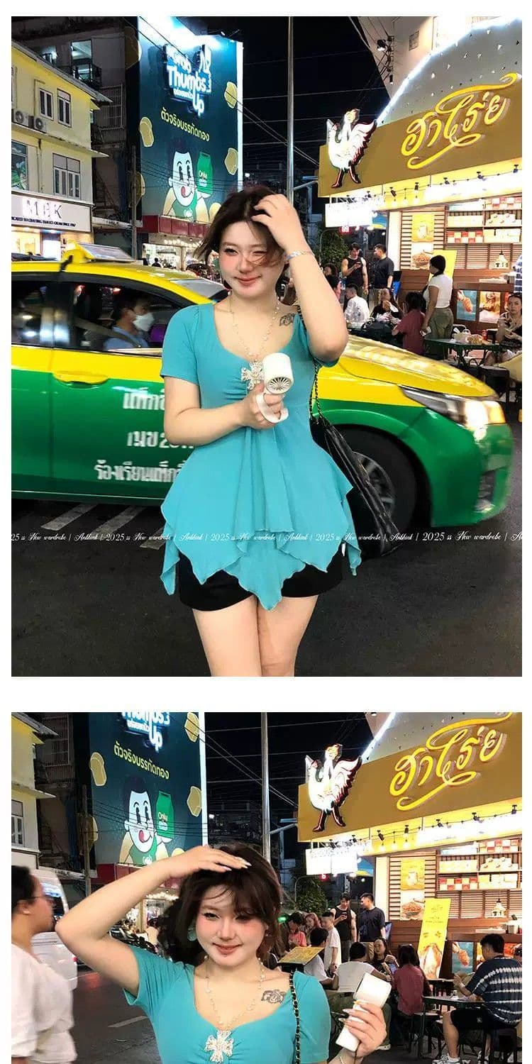 빅 사이즈 지방 mm 2026 여름 새로운 단색 불규칙 반팔 티셔츠 여성 고유 한 작은 대중 슬림해 보이는 맨위 상세 이미지 5