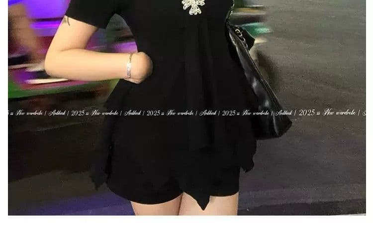 빅 사이즈 지방 mm 2026 여름 새로운 단색 불규칙 반팔 티셔츠 여성 고유 한 작은 대중 슬림해 보이는 맨위 상세 이미지 8