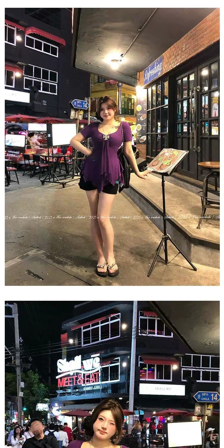빅 사이즈 지방 mm 2026 여름 새로운 단색 불규칙 반팔 티셔츠 여성 고유 한 작은 대중 슬림해 보이는 맨위 상세 이미지 9