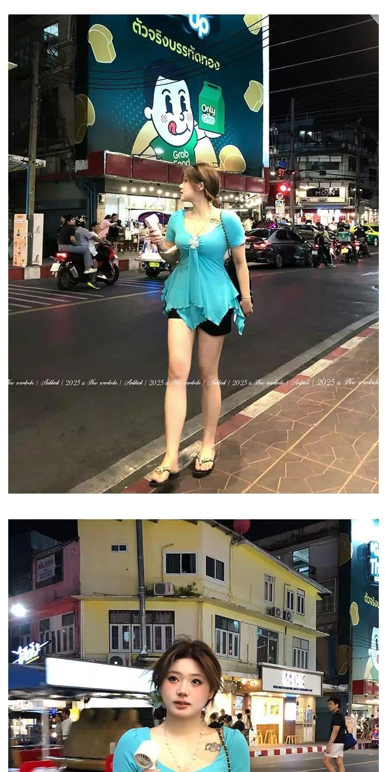 빅 사이즈 지방 mm 2026 여름 새로운 단색 불규칙 반팔 티셔츠 여성 고유 한 작은 대중 슬림해 보이는 맨위 상세 이미지 11
