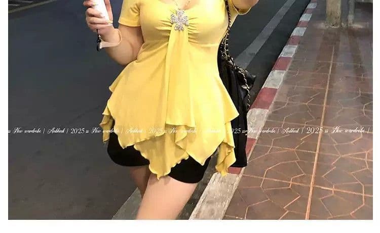 빅 사이즈 지방 mm 2026 여름 새로운 단색 불규칙 반팔 티셔츠 여성 고유 한 작은 대중 슬림해 보이는 맨위 상세 이미지 14