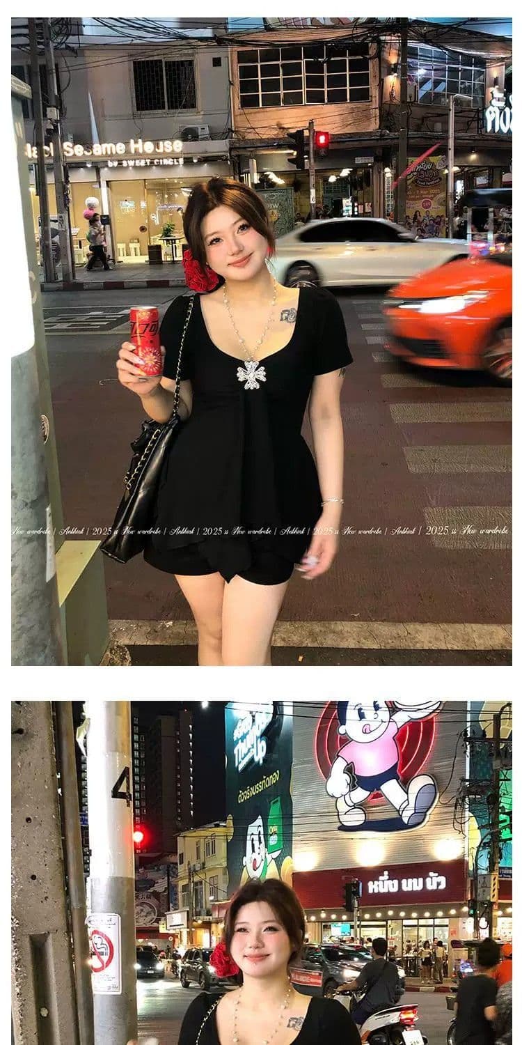 빅 사이즈 지방 mm 2026 여름 새로운 단색 불규칙 반팔 티셔츠 여성 고유 한 작은 대중 슬림해 보이는 맨위 상세 이미지 15
