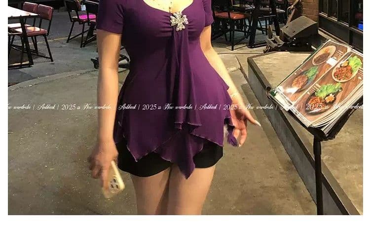 빅 사이즈 지방 mm 2026 여름 새로운 단색 불규칙 반팔 티셔츠 여성 고유 한 작은 대중 슬림해 보이는 맨위 상세 이미지 18