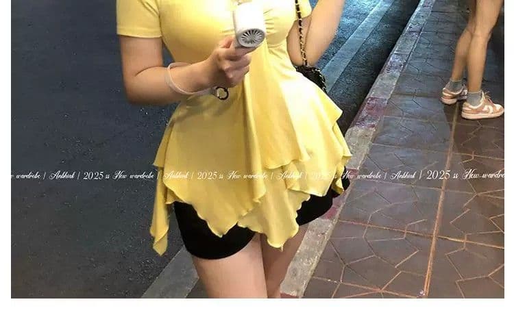 빅 사이즈 지방 mm 2026 여름 새로운 단색 불규칙 반팔 티셔츠 여성 고유 한 작은 대중 슬림해 보이는 맨위 상세 이미지 20