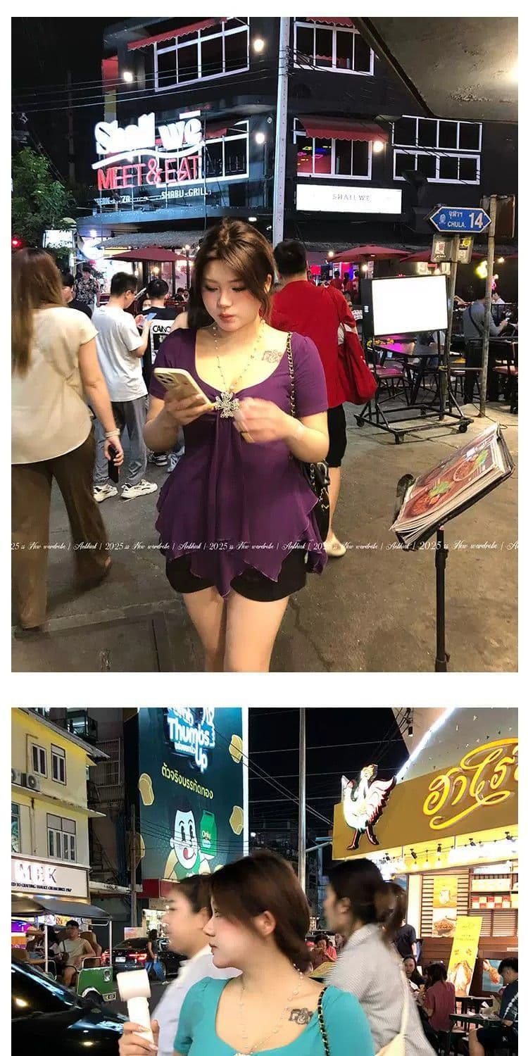 빅 사이즈 지방 mm 2026 여름 새로운 단색 불규칙 반팔 티셔츠 여성 고유 한 작은 대중 슬림해 보이는 맨위 상세 이미지 21