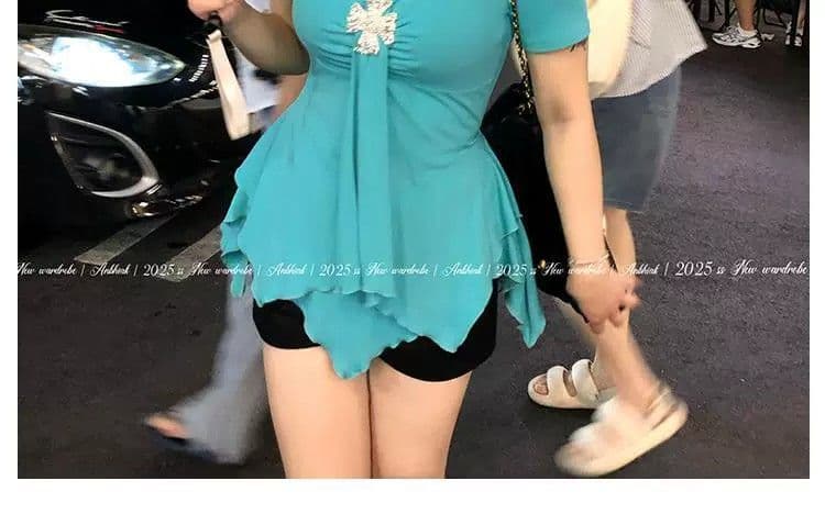 빅 사이즈 지방 mm 2026 여름 새로운 단색 불규칙 반팔 티셔츠 여성 고유 한 작은 대중 슬림해 보이는 맨위 상세 이미지 22