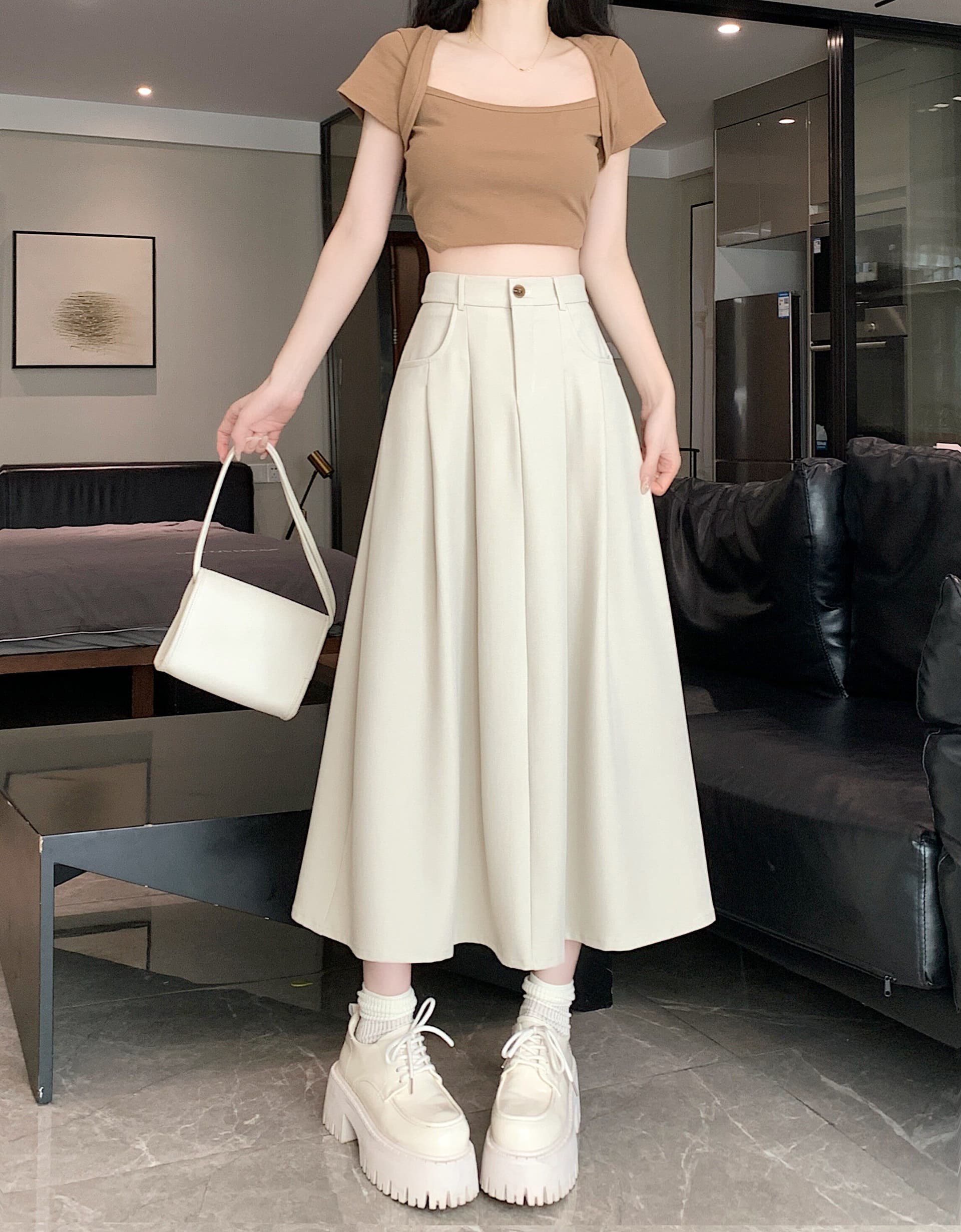빅 사이즈 배 모양 몸 한 마디 반신 스커트 여성 여름 하이웨이스트 슬림해 보이는 빅 플레어 스커트 지방 mm 표지 배 정장 치마 상세 이미지 7