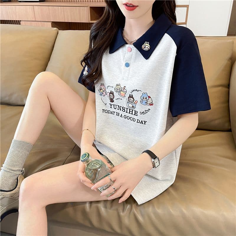 실사 한국 스타일 POLO 칼라 반팔 티셔츠 여성 2026 년 새로운 자수 싸움 플러그 색상 맨위 상세 이미지 12