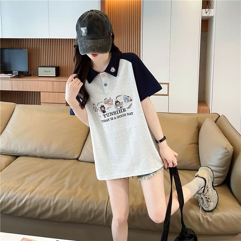 실사 한국 스타일 POLO 칼라 반팔 티셔츠 여성 2026 년 새로운 자수 싸움 플러그 색상 맨위 상세 이미지 14