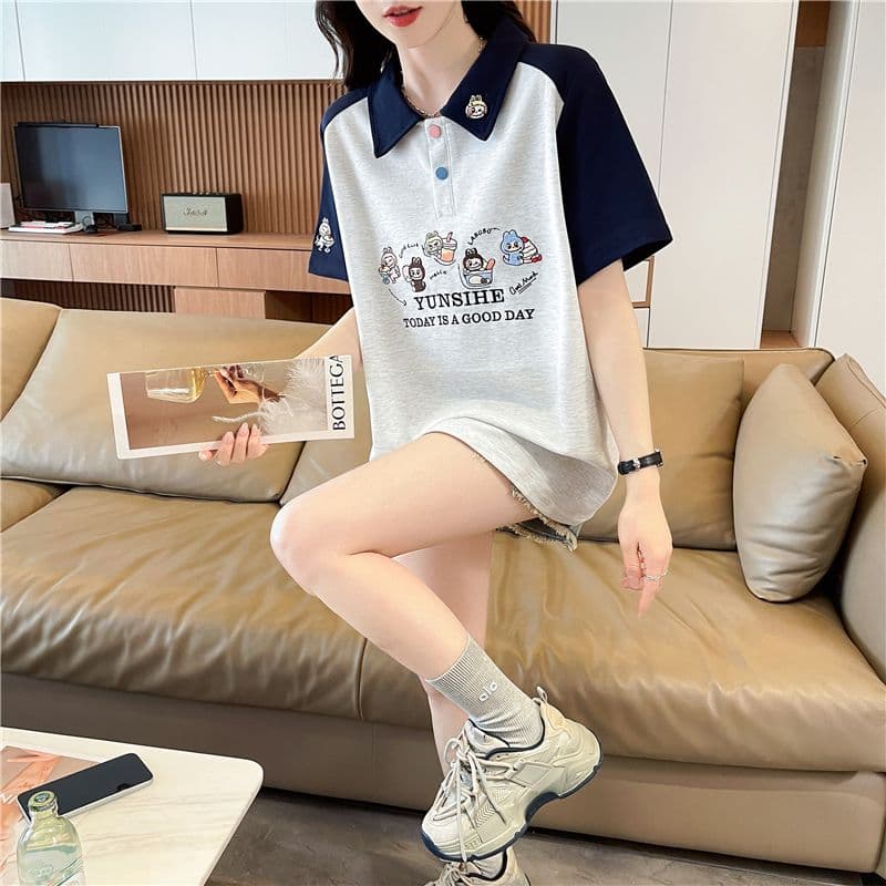 실사 한국 스타일 POLO 칼라 반팔 티셔츠 여성 2026 년 새로운 자수 싸움 플러그 색상 맨위 상세 이미지 16