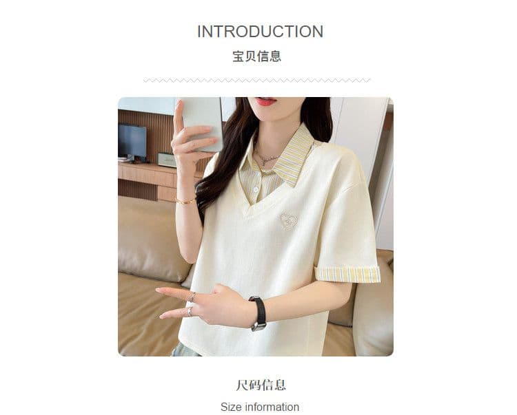 실사 180g 남자 바 면 반팔 티셔츠 여성 여름 드레스 얇은 스타일 패치워크 POLO 칼라 루즈핏 작은 키 맨위 상세 이미지 2