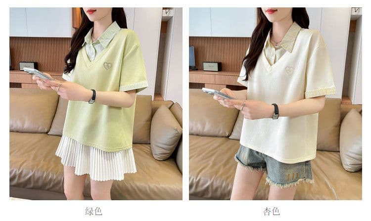 실사 180g 남자 바 면 반팔 티셔츠 여성 여름 드레스 얇은 스타일 패치워크 POLO 칼라 루즈핏 작은 키 맨위 상세 이미지 4