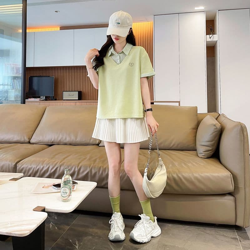 실사 180g 남자 바 면 반팔 티셔츠 여성 여름 드레스 얇은 스타일 패치워크 POLO 칼라 루즈핏 작은 키 맨위 상세 이미지 5