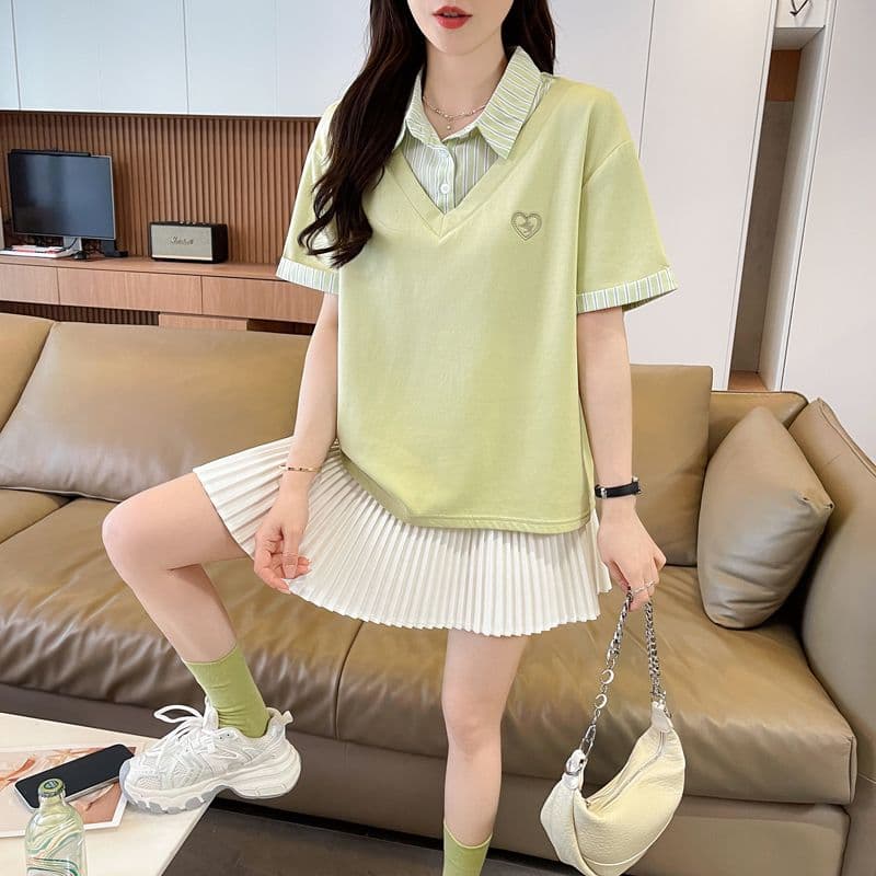 실사 180g 남자 바 면 반팔 티셔츠 여성 여름 드레스 얇은 스타일 패치워크 POLO 칼라 루즈핏 작은 키 맨위 상세 이미지 7