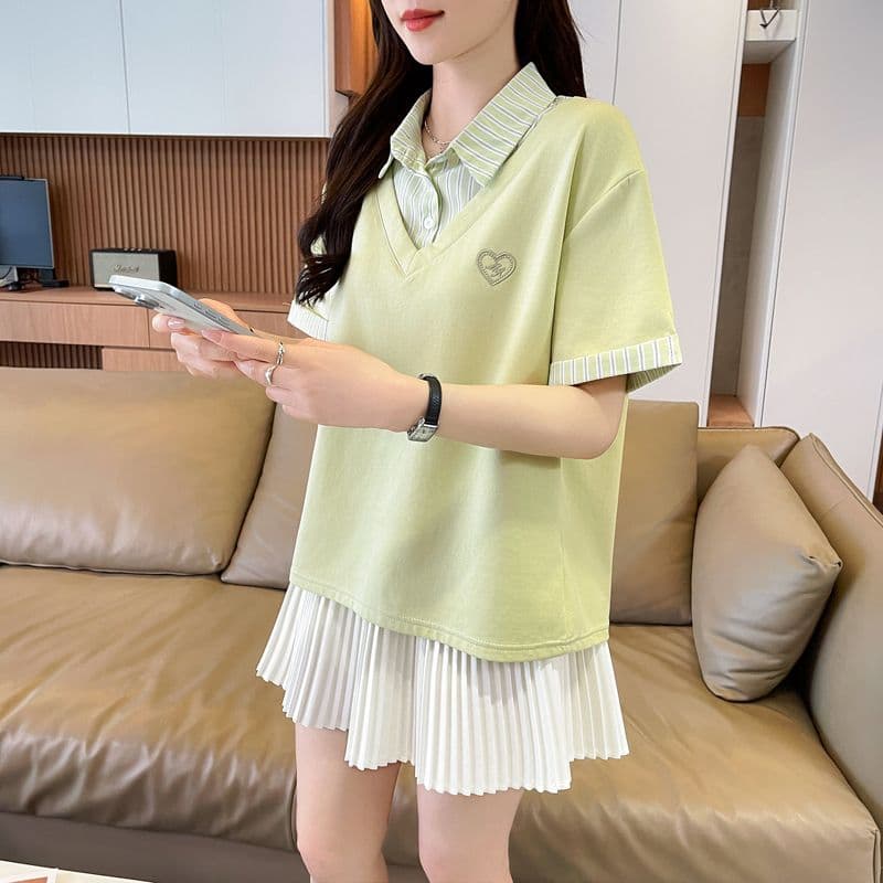 실사 180g 남자 바 면 반팔 티셔츠 여성 여름 드레스 얇은 스타일 패치워크 POLO 칼라 루즈핏 작은 키 맨위 상세 이미지 9